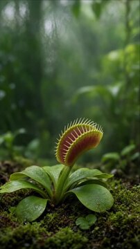 Cinematic venus flytrap carnivorous plant macro single object on moss in lush green forest and tropical jungle atmosphere with wet soil foggy bokeh glowing tooth trap detail wet leaf closeup focus