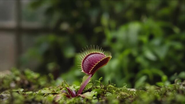 Cinematic single object macro background venus flytrap plant carnivorous nature focus on red jaw open amid lush green garden forest moss soil foliage dreamy fantasy mood wilderness atmosphere