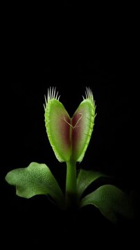 Cinematic macro single object venus flytrap carnivorous plant insectivorous plant green leaf portrait against dark background dramatic lighting heart shape trap detail spiky edge texture minimal