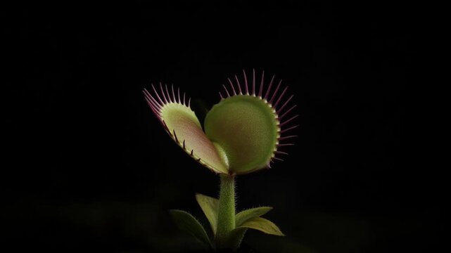 Cinematic macro view of carnivorous plant venus flytrap single object green red leaf on black background dramatic lighting minimal nature detail predator tension growth