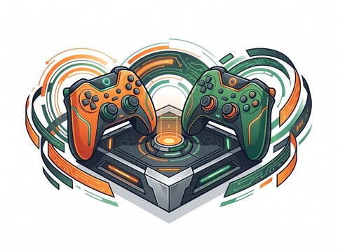 Futuristic Video Game Controllers on Tech Platform Station Vector Illustration for Gaming and Esports