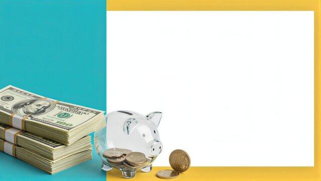 Stacked bills and a glass piggy bank symbolize saving money for financial growth.