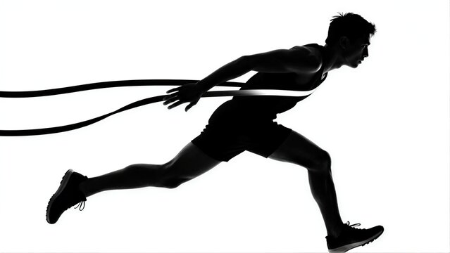 Silhouette of athlete sprinting with rope, dynamic motion captured in stark black and white.