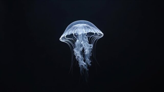 Cinematic macro jellyfish glowing underwater wildlife dark ocean sea water, ethereal aquatic animal nature scene with translucent tentacle detail and calm minimal marine composition floating deep