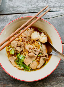 noodle with pork soup in bowl. Thai traditional food