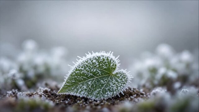 Cinematic single object macro background frost leaf heart shape winter nature detail soil tranquil focus blur bokeh delicate frost covered green leaf macro cinematic background winter nature mood