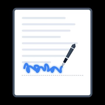 Minimalist digital animation of a fountain pen signing a document on a dashed line for electronic contract and agreement concepts