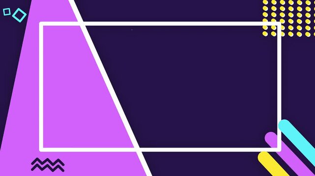 An animation memphis style background with purple geometric blocks yellow dots and retro 90s patterns surrounding a large central empty space for text