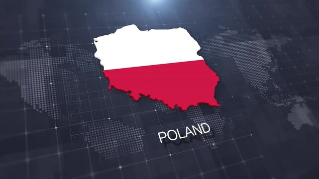 Poland map with national flag on digital world map background, geographic border, global political and international news concept