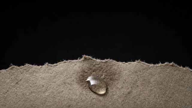 Cinematic macro single object water droplet torn cardboard background and rough paper texture closeup minimal detail highlighting surface tension sparkle against dark negative space moody neutral