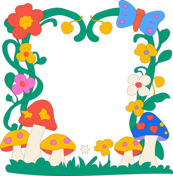 Colorful Mushroom and Flower Frame Border Illustration