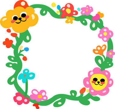 Colorful Floral Wreath Illustration With Cute Characters