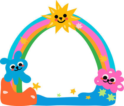Cute Cartoon Rainbow Frame With Sun and Characters