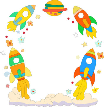 Colorful Space Rocket Illustration Frame