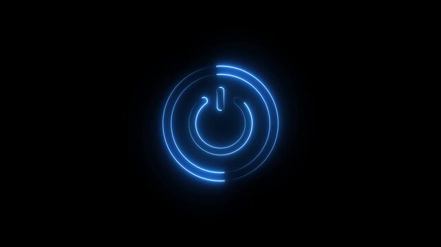 Neon glowing power button icon animation on black background. Blue neon light power button turning on and off animation. Power switch and button icon animation.