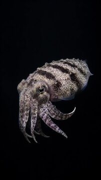 Cinematic single object macro background focus cuttlefish underwater beauty with tentacle detail soft light against dark water mood evoking calm wonder elegant marine animal cephalopod cuttlefish