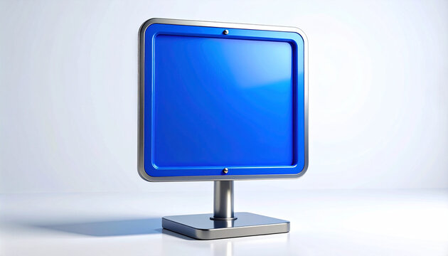 Blank blue display sign with metallic frame mockup on a clean white background for your custom design