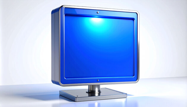 Modern 3D render of a futuristic blue screen computer monitor with chrome frame