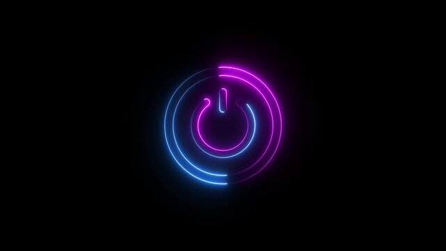 Neon glowing power button icon animation on black background. Blue and pink neon light power button turning on and off animation. Power switch and button icon animation.