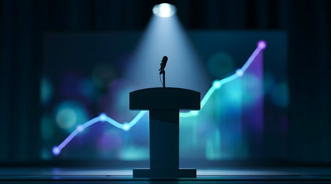Podium Speech at Business Conference with Rising Growth Graphics Representing Professional Presentation and Corporate Development
