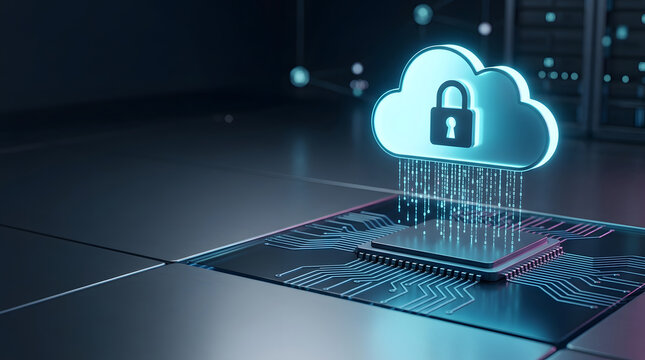 Cloud Computing System with Padlock and Circuit Board Representing Secure Data Storage and Digital Protection Concept