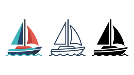 Naklejka premium Floating sailboat yacht vector icon set featuring colored outline and solid black silhouette styles isolated on a white background