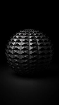 Cinematic single object macro sphere with geometric pattern on dark background creating abstract futuristic mood mysterious minimal aesthetic with sharp triangle texture dramatic shadow contrast