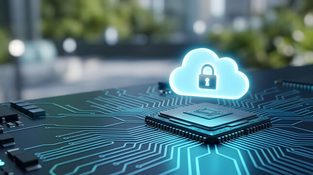 Cloud Computing System with Padlock and Circuit Board Representing Secure Data Storage and Digital Protection Concept
