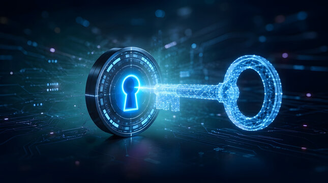 Digital Key with Circular Hole Representing Access, Authentication and Secure Technology Concept