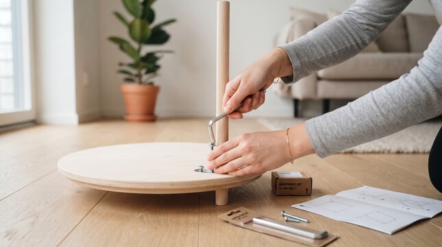 Hands Assembling Wooden Furniture in Modern Workshop