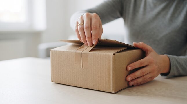 Person Unboxing Cardboard Parcel with Hands on Table