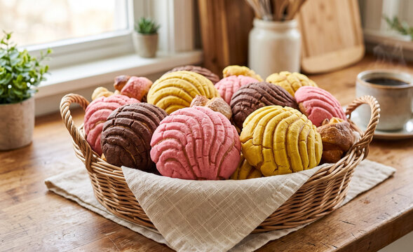  assorted pan dulce including pink, yellow, and cocoa conchas arranged inside a woven wicker basket,  Glossy sugar shell topping with defined crust ridges. 