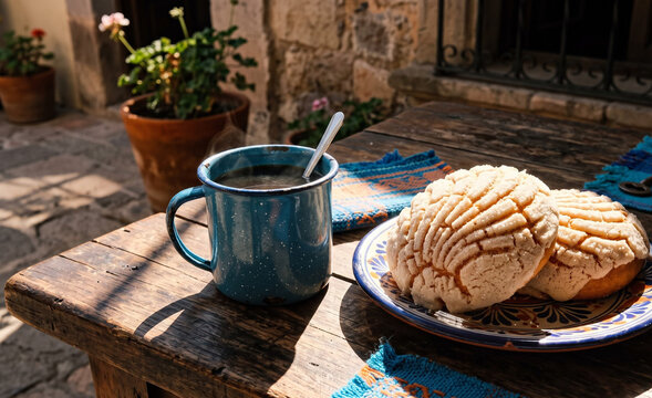 Rustic Mexican morning coffee table featuring a blue enamel mug of hot coffee next to two fresh vanilla conchas,  Sugar-dusted shell pattern topping glistening in harsh side morning sunlight.