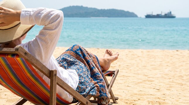 Woman relaxing and sunbathing on a comfortable beach chair, golden sandy shore, sunny tropical vacation atmosphere