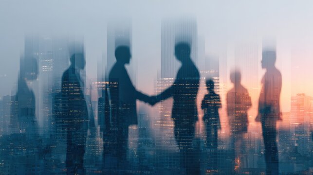 Business conference group meeting with diverse business professionals against modern city office building background, representing corporate partnership, successful business deal, teamwork, trust, agr