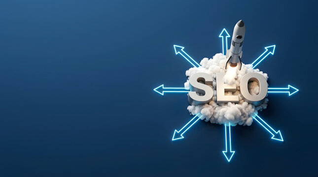 Rocket Launching from SEO Analytics Display Representing Search Optimization, Website Growth and Digital Performance