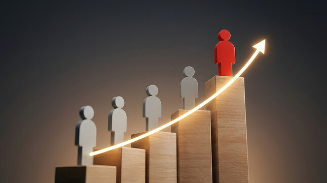 Wooden Figure Climbing Wooden Steps with Upward Arrow Representing Leadership Development and Progressive Career Advancement