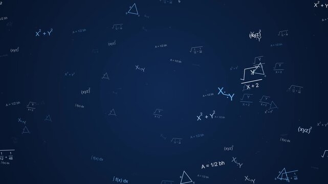 Dark blue corporate background with floating math formulas and equations. This seamless analytical motion graphic loop is perfect for business, finance, and science video designs.