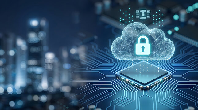 Cloud Computing System with Padlock and Circuit Board Representing Secure Data Storage and Digital Protection Concept