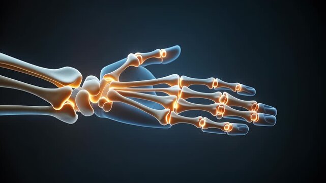 3D rendering of a human hand skeleton with glowing joints on a dark background, illustrating bone structure and potential joint issues like arthritis.