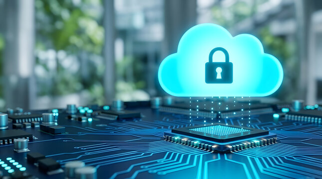 Cloud Computing System with Padlock and Circuit Board Representing Secure Data Storage and Digital Protection Concept