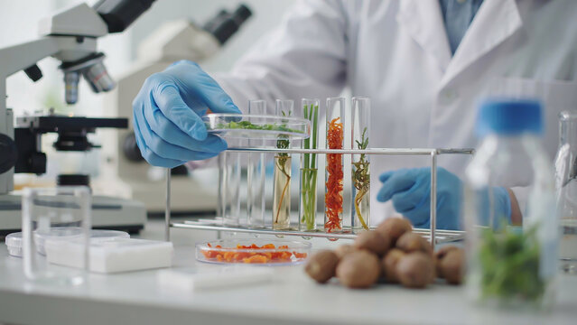 A close-up photograph of a scientist in a white lab coat and blue nitrile gloves working with plant samples in a laboratory