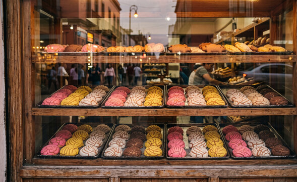 Traditional panaderia window display shelf filled with trays of freshly baked conchas and pan dulce,  Repeating rows of seashell-crusted sweet breads glowing under warm interior lights.