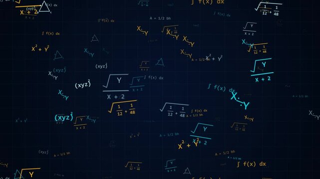 Dark blue blueprint background with floating math formulas and glowing equations. This seamless motion graphic loop is perfect for educational science and AI technology video designs.