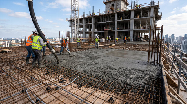 Construction workers pouring reinforced concrete slab on high-rise building site with rebar grid and scaffolding