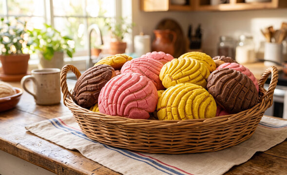  assorted pan dulce including pink, yellow, and cocoa conchas arranged inside a woven wicker basket,  Glossy sugar shell topping with defined crust ridges. 