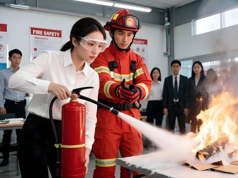 Female Employee Participating in Firefighting Training and Extinguishing Controlled Fire