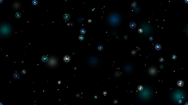 Dark background with floating glowing cyan and blue quantum tech orbs. This seamless abstract sci-fi motion graphic loop is perfect for futuristic digital network video designs.