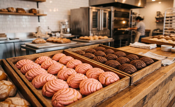 clean artisan bakery counter with wooden trays holding pink and chocolate concha sweet breads,  Soft golden glow on sugar crusts and organized bread presentation. 