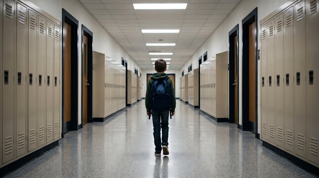 Young boy with backpack walks down empty school hallway lined with lockers